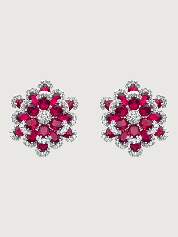 Front View of Peony Stud Earrings in 925 Sterling Silver-Red Jewelry for Pierced Ears Silver 2.5 cm 11.8gms