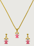 Front View of Little Princess Dolly Pendant Necklace and Dangle Earrings in 18K Gold Plated Sterling Silver Adjustable Length 18k 925 Metal 14 inches 6.3gms