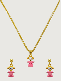 Front View of Little Princess Dolly Pendant Necklace and Dangle Earrings in 18K Gold Plated Sterling Silver Adjustable Length 18k 925 Metal 14 inches 6.3gms