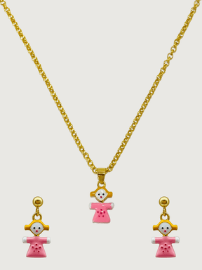 Front View of Little Princess Dolly Pendant Necklace and Dangle Earrings in 18K Gold Plated Sterling Silver Adjustable Length 18k 925 Metal 14 inches 6.3gms
