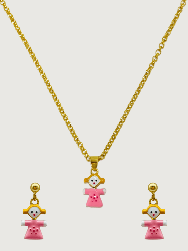 Front View of Little Princess Dolly Pendant Necklace and Dangle Earrings in 18K Gold Plated Sterling Silver Adjustable Length 18k 925 Metal 14 inches 6.3gms