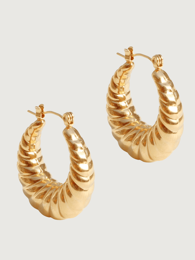 Front View of Seashell Hoop Earrings in 18K Gold Plated Metal Jewelry for Pierced Ears 18k Steel | Hypoallergenic Tarnish Resistant Sweat Water Eco - Friendly One Size 7.6gms