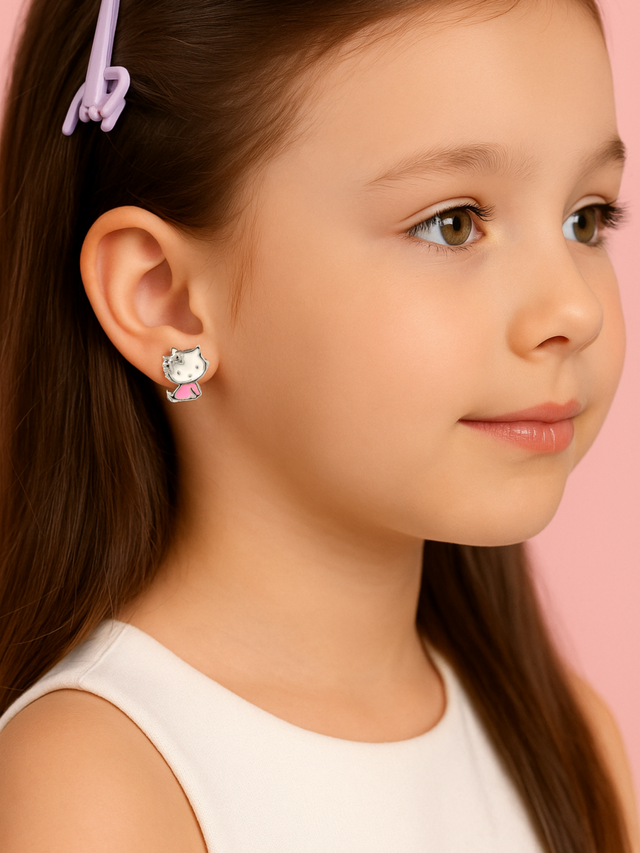 Model Wearing Cleo Kitty Enamel Stud Earrings in 925 Sterling Silver Jewelry for Pierced Ears Metal One Size 1.6gms