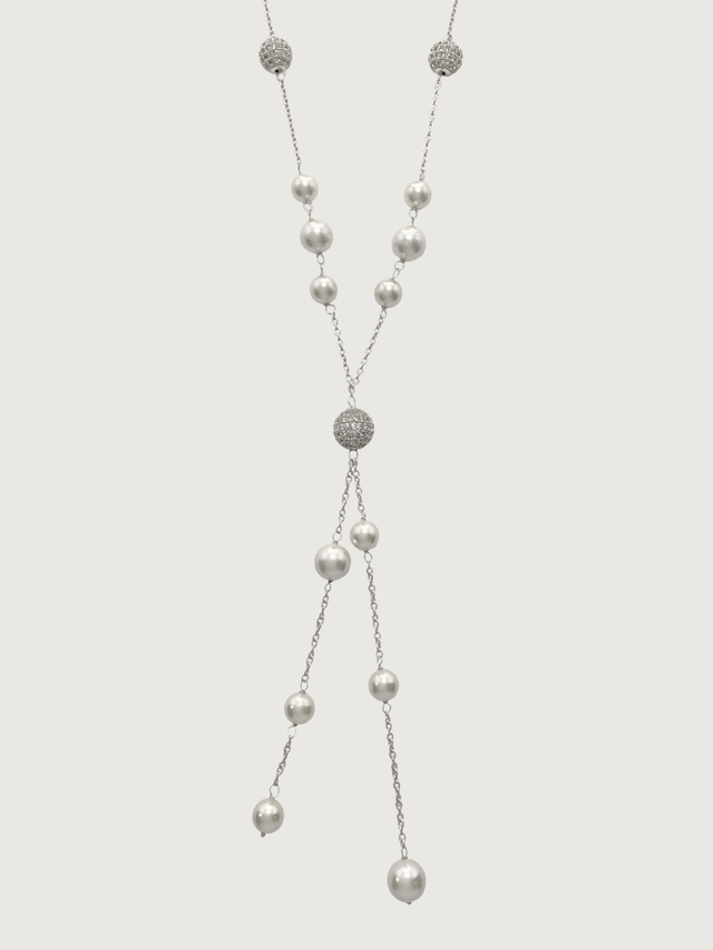 Front View of Sherine Tassel Necklace in 925 Sterling Silver Fixed Length Rhodium Plated Brass Metal Stone One Size 32gms