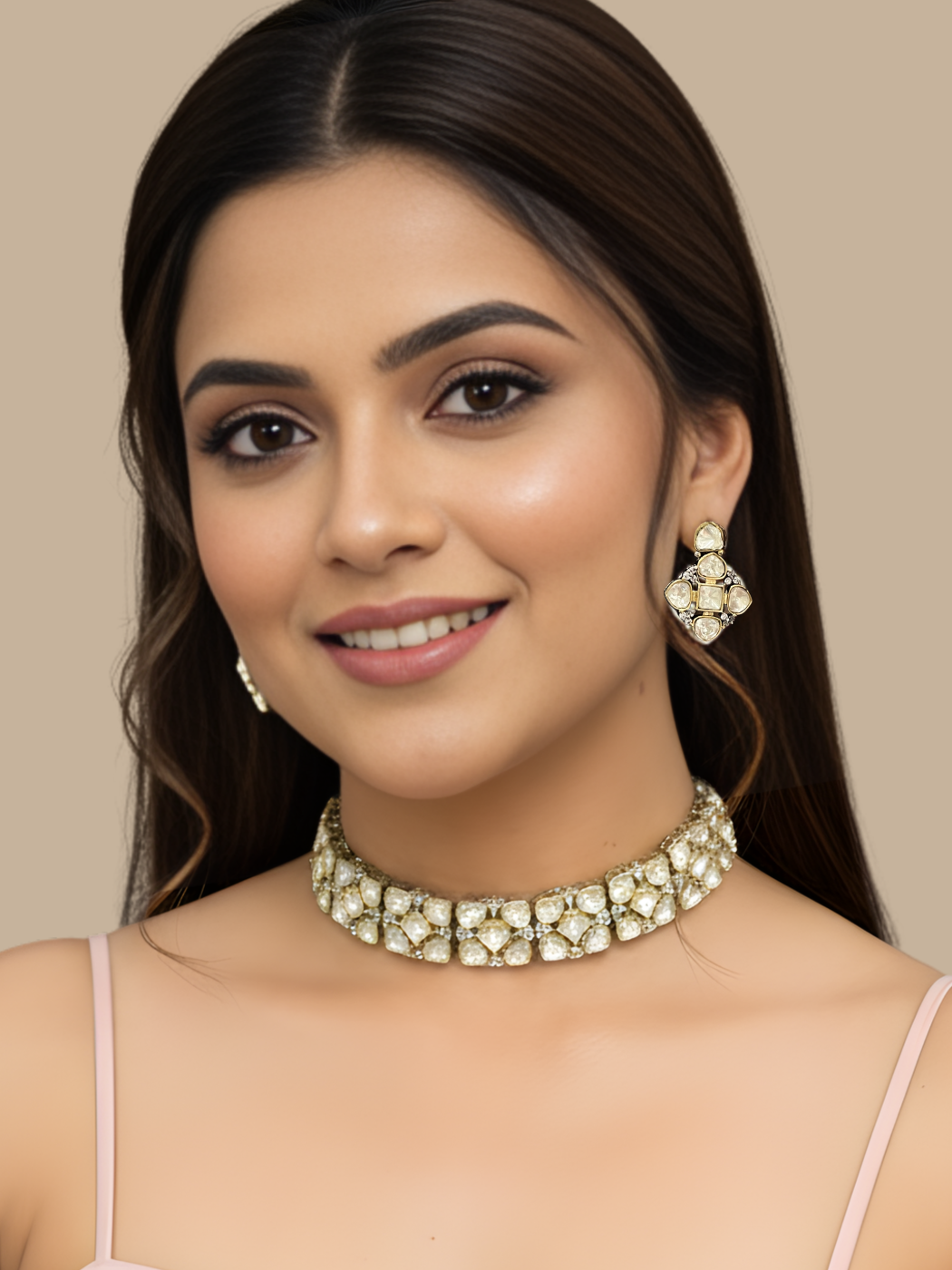 Model Wearing Hiya Choker Necklace and Stud Earrings Set in Gold Finish Adjustable Length Silver Plated Brass Metal One Size 95.3gms