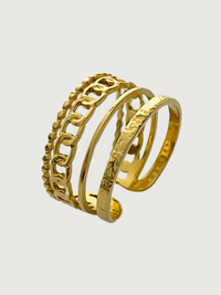 Closeup of Arabella Open Ring in 18k Gold-Plated Metal Open-Adjustable-Resizable Gold Plated Steel | Hypoallergenic Tarnish Resistant Sweat Water Eco - Friendly One Size 2.4gms