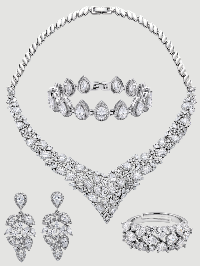 Front View of Thea Necklace Set With Earrings Ring and Bracelet in Rhodium Plated Copper Comfort Fit One Size 67gms