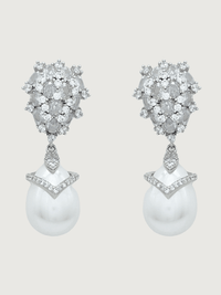 Front View of Ellara Pearl Dangle Earrings in Rhodium Plated Metal Jewelry for Pierced Ears Copper Stone Post / Pin & Push 925 Sterling Silver Stamp Marked One Size 9.8gms