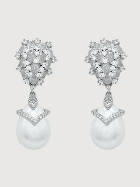 Front View of Ellara Pearl Dangle Earrings in Rhodium Plated Metal Jewelry for Pierced Ears Copper Stone Post / Pin & Push 925 Sterling Silver Stamp Marked One Size 9.8gms