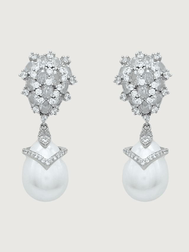 Front View of Ellara Pearl Dangle Earrings in Rhodium Plated Metal Jewelry for Pierced Ears Copper Stone Post / Pin & Push 925 Sterling Silver Stamp Marked One Size 9.8gms