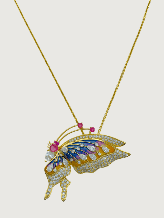 Front View of Gold Butterfly Brooch Pendant Necklace Fixed Length 18k Plated 925 Sterling Silver Brass Metal One Size 15.5gms