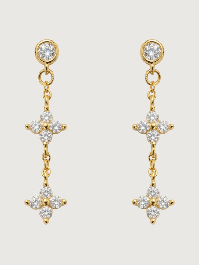 Front View of Irene Star Charm Dangle Earrings in 18K Gold Plated Sterling Silver Jewelry for Pierced Ears 18k 925 1.2gms