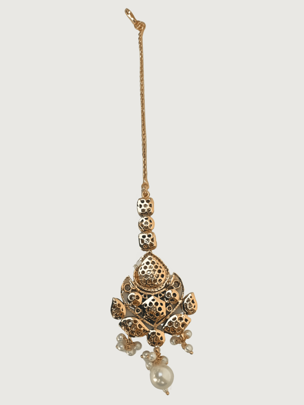 Falak Pearl Mang Tikka in Gold Finish Fixed Length Plated Brass Metal Stone One Size 11.9gms