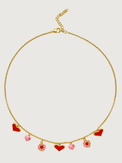 Front View of Little Princess Hearts and Flower Charm Necklace in 18k Gold Plated Silver Adjustable Length 925 Sterling Metal 14 inches 7.2gms