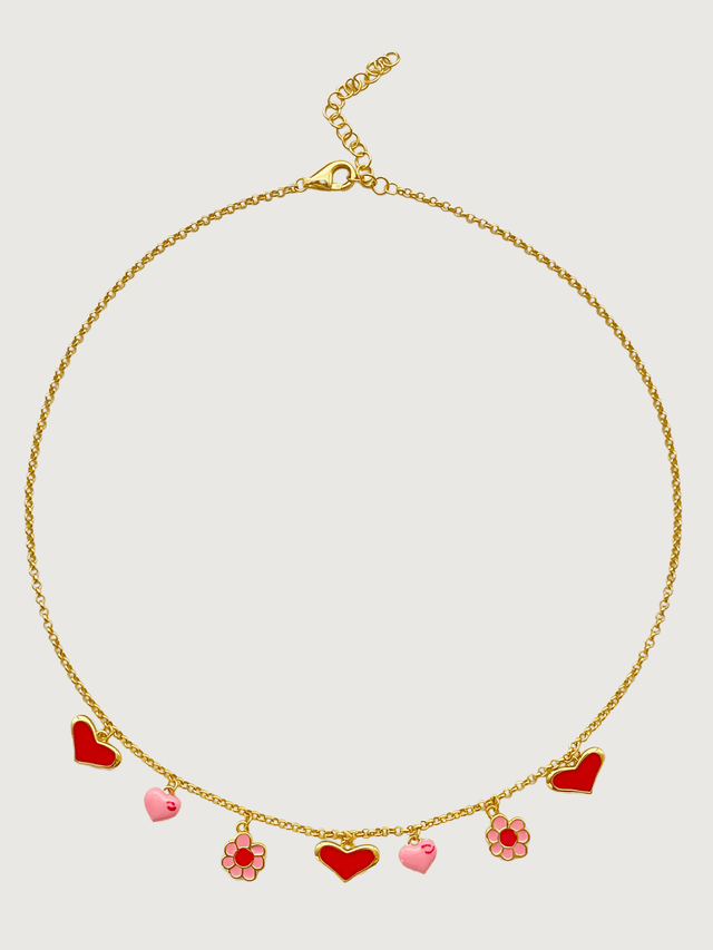 Front View of Little Princess Hearts and Flower Charm Necklace in 18k Gold Plated Silver Adjustable Length 925 Sterling Metal 14 inches 7.2gms