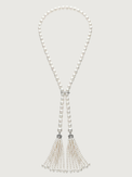 Front View of Hessa Tassel Pearl Necklace with Brass clip Fixed Length Rhodium Plated 32 inches 72.2gms