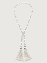 Front View of Hessa Tassel Pearl Necklace with Brass clip Fixed Length Rhodium Plated 32 inches 72.2gms