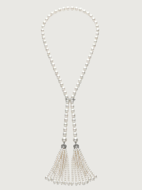 Front View of Hessa Tassel Pearl Necklace with Brass clip Fixed Length Rhodium Plated 32 inches 72.2gms
