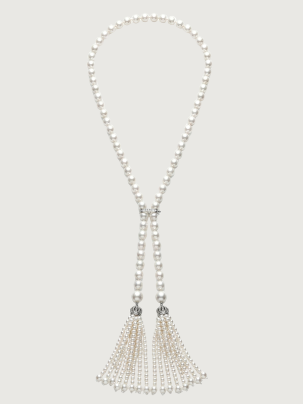Front View of Hessa Tassel Pearl Necklace with Brass clip Fixed Length Rhodium Plated 32 inches 72.2gms