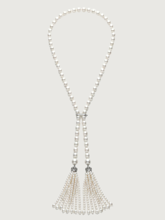 Front View of Hessa Tassel Pearl Necklace with Brass clip Fixed Length Rhodium Plated 32 inches 72.2gms