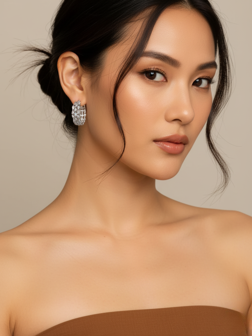 Alternate View of Model Wearing Lustra Hoop Earrings Jewelry for Pierced Ears Rhodium Plated Brass Metal 3 cm 14.4gms