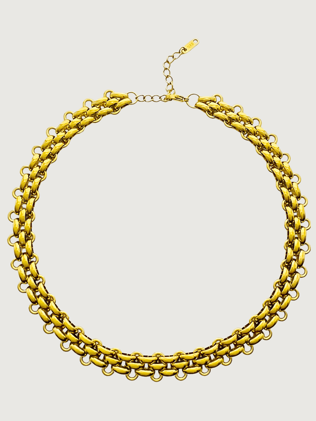 Front View of Clara Chunky Necklace in 18K Gold Plated Metal Adjustable Length 18k Steel | Hypoallergenic Tarnish Resistant Sweat Water Eco - Friendly 15 inches 56.2gms