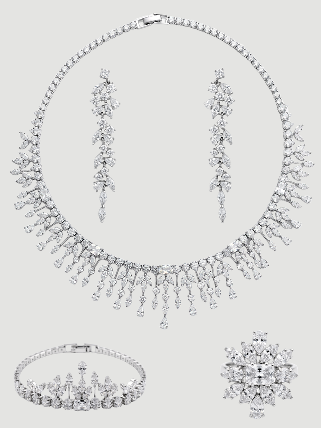 Front View of Pia Necklace Set With Earrings Ring and Bracelet in Rhodium Plated Metal Comfort Fit Copper One Size 47.6gms Mix