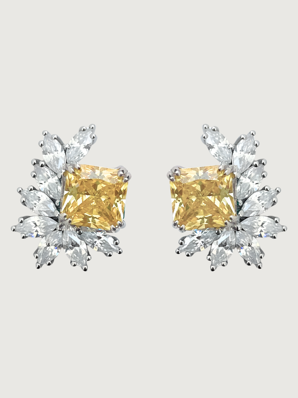 Front View of Celestia Stud Earrings in 925 Sterling Silver - Yellow Jewelry for Pierced Ears Metal 1.5 cm 6gms