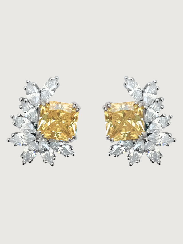 Front View of Celestia Stud Earrings in 925 Sterling Silver - Yellow Jewelry for Pierced Ears Metal 1.5 cm 6gms