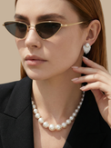 Alternate View of Model Wearing Evelyn Pearl Stud Earrings Jewelry for Pierced Ears Post / Pin & Push in 925 Sterling Silver Stamp Marked Rhodium Plated Brass 2.5 cm 7.4gms