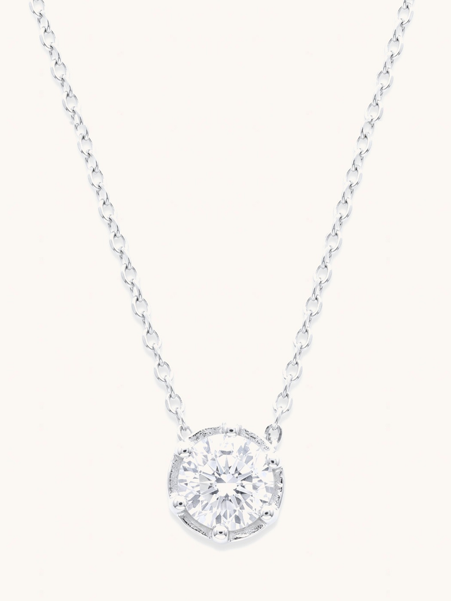 Front View of Ava Solitaire Pendant Necklace Adjustable Length 925 Sterling Silver 18 inches 2.7gms