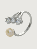 Closeup of Athena Pearl & CZ Adjustable Ring in Sterling Silver Open-Adjustable-Resizable 925 Metal Stone One Size 2.8gms