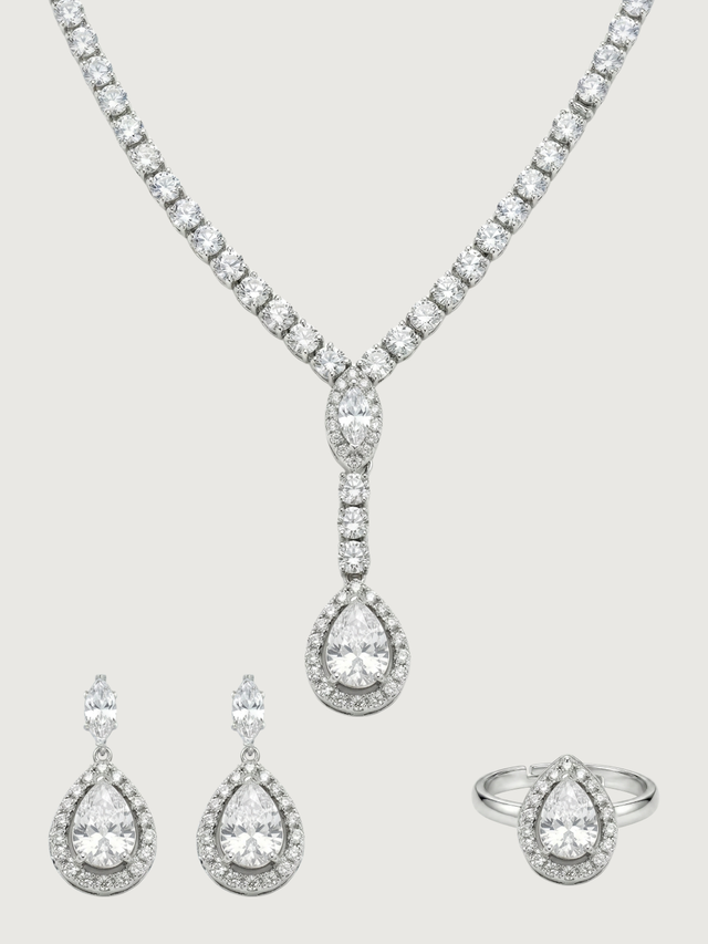 Front View of Nova White Drop Set with Earrings and Ring in Rhodium Plated Metal Comfort Fit Copper One Size 18.8gms Mix