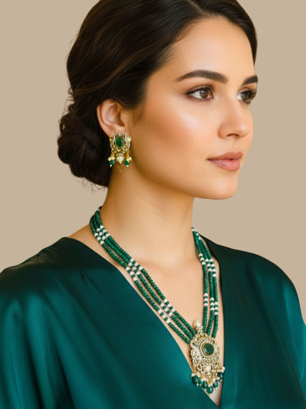 Model Wearing Megha Necklace Adjustable Length Gold Plated Brass One Size 85.4gms