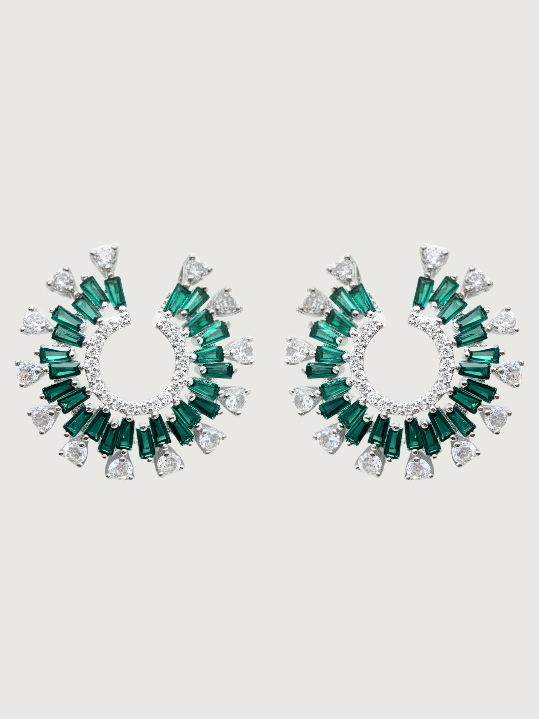 Front View of Herina Halo Stud Earrings in Plated Metal-Green Jewelry for Pierced Ears Post / Pin & Push 925 Sterling Silver Stamp Marked Rhodium Brass 3 cm 10.7gms