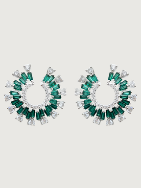 Front View of Herina Halo Stud Earrings in Plated Metal-Green Jewelry for Pierced Ears Post / Pin & Push 925 Sterling Silver Stamp Marked Rhodium Brass 3 cm 10.7gms