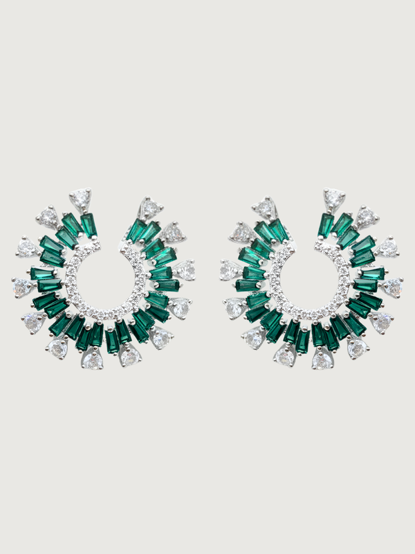 Front View of Herina Halo Stud Earrings in Plated Metal-Green Jewelry for Pierced Ears Post / Pin & Push 925 Sterling Silver Stamp Marked Rhodium Brass 3 cm 10.7gms