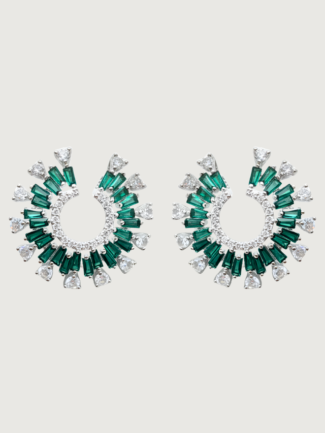 Front View of Herina Halo Stud Earrings in Plated Metal-Green Jewelry for Pierced Ears Post / Pin & Push 925 Sterling Silver Stamp Marked Rhodium Brass 3 cm 10.7gms