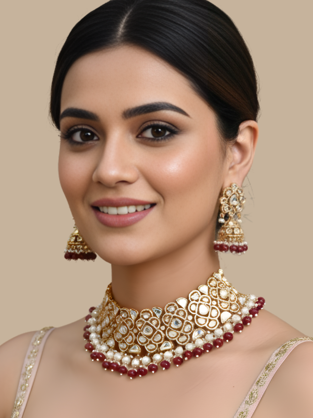 Model Wearing Kalpana Kundan Polki Choker Necklace and Jhumka Earrings Set Adjustable Length Gold Plated Brass Metal Stone One Size 144.7gms