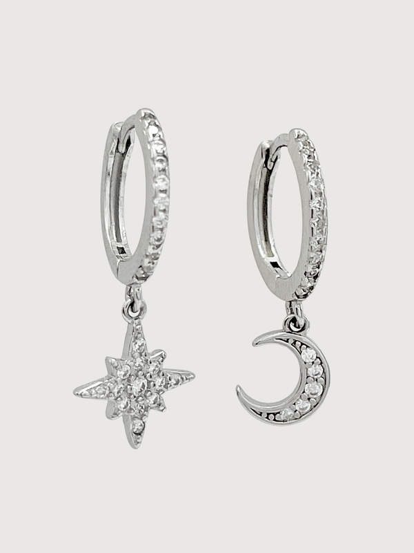 Front View of Stella Crescent & Star Earrings Jewelry for Pierced Ears 925 Sterling Silver 2 cm 1.4gms
