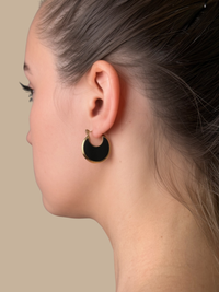 Model Wearing Joana Black Hoop Earrings Jewelry for Pierced Ears 18k Gold Plated Steel | Hypoallergenic Tarnish Resistant Sweat Water Eco - Friendly One Size 5.9gms Stainless