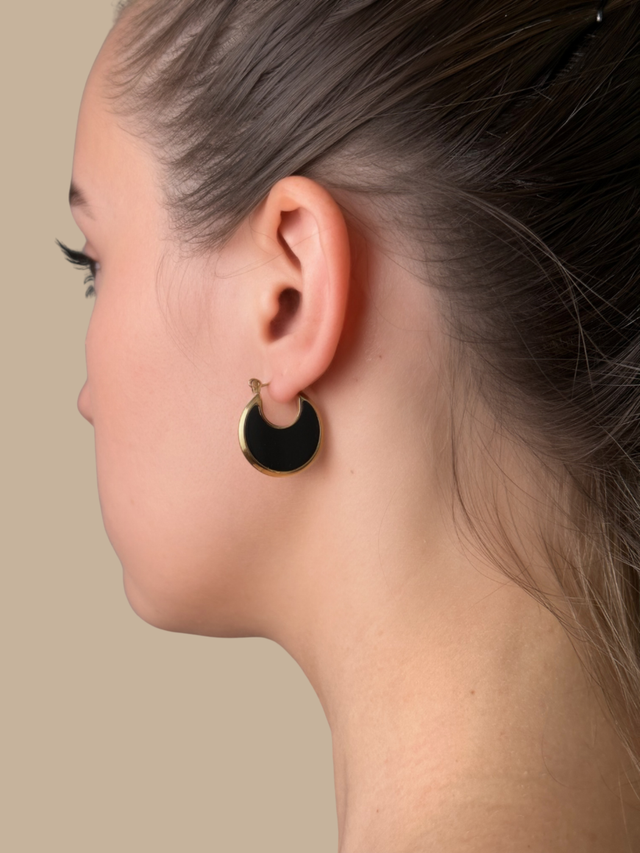 Model Wearing Joana Black Hoop Earrings Jewelry for Pierced Ears 18k Gold Plated Steel | Hypoallergenic Tarnish Resistant Sweat Water Eco - Friendly One Size 5.9gms Stainless