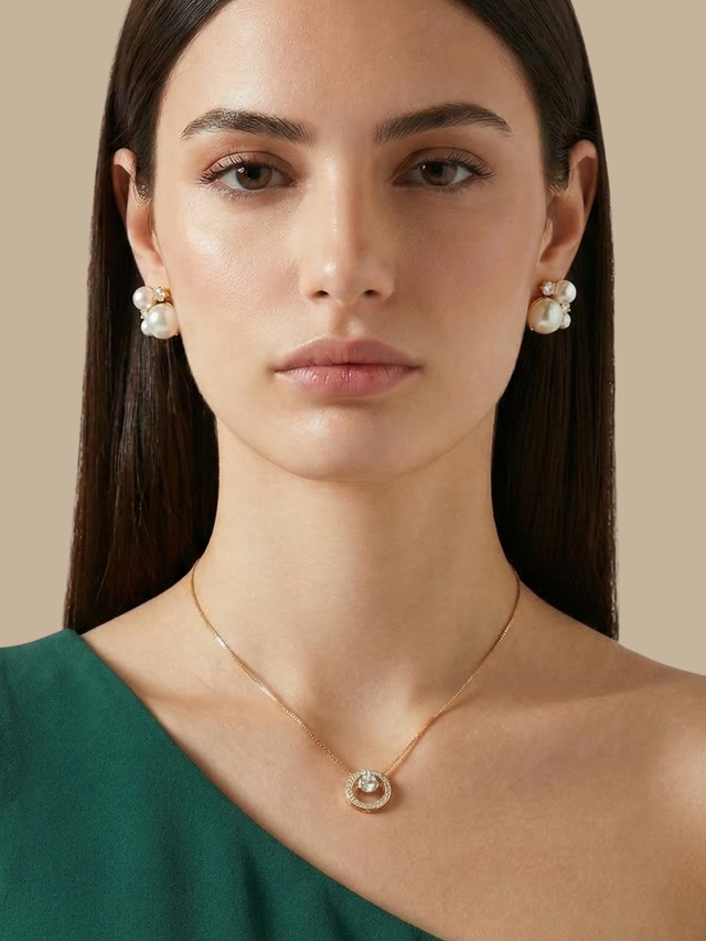 Model Wearing Rhea Ring Solitaire Pendant Necklace Adjustable Length 925 Sterling Silver 17 inches 2.9gms