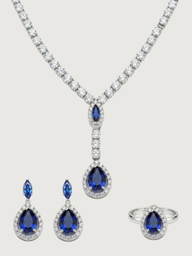 Front View of Nova Blue Drop Necklace set with Earrings and Ring in Rhodium Plated Metal Comfort Fit Copper One Size 18.8gms Mix