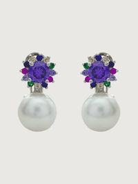 Front View of Iris Amethyst & Pearl Earrings in Sterling Silver Jewelry for Pierced Ears 925 Metal Stone One Size 5.3gms