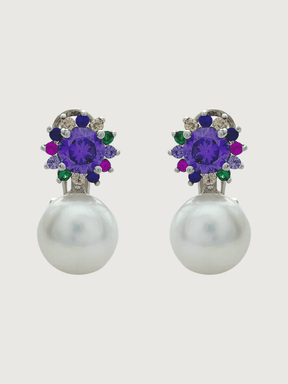 Front View of Iris Amethyst & Pearl Earrings in Sterling Silver Jewelry for Pierced Ears 925 Metal Stone One Size 5.3gms