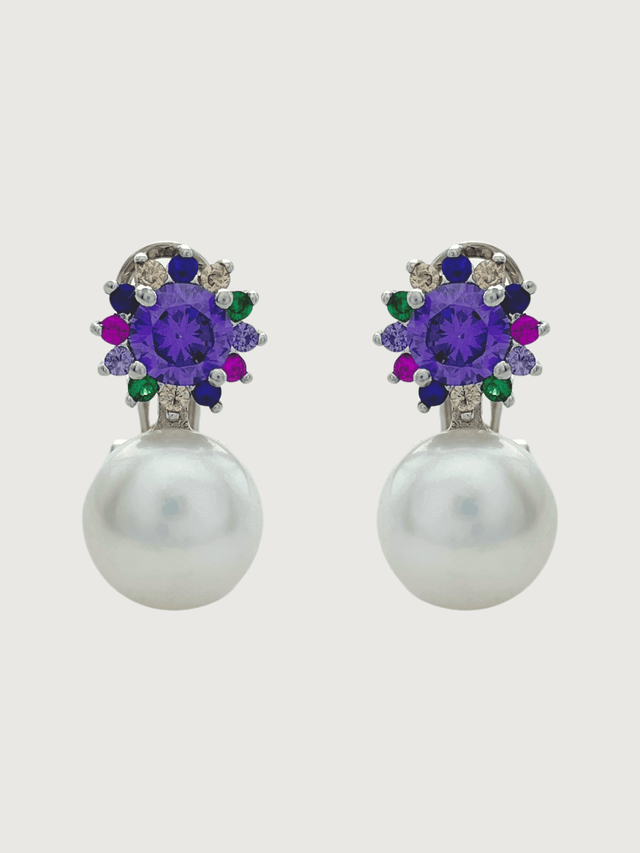 Front View of Iris Amethyst & Pearl Earrings in Sterling Silver Jewelry for Pierced Ears 925 Metal Stone One Size 5.3gms