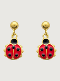 Front View of Little Princess Lady Bug Earrings in 18k Gold plated Sterling Silver Jewelry for Pierced Ears Plated 925 Metal One Size 1.7gms