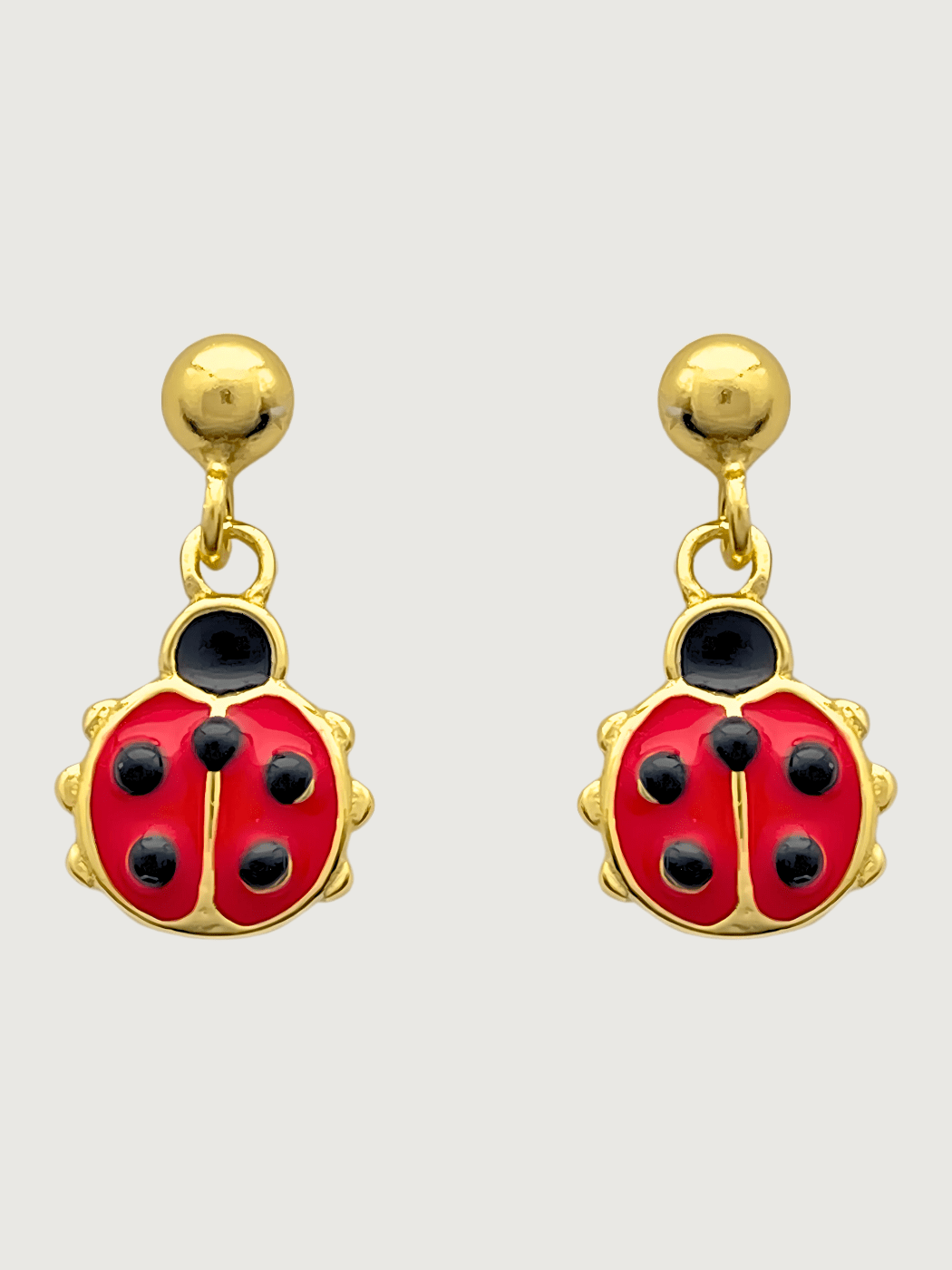 Front View of Little Princess Lady Bug Earrings in 18k Gold plated Sterling Silver Jewelry for Pierced Ears Plated 925 Metal One Size 1.7gms