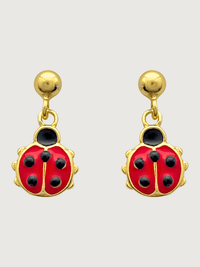Front View of Little Princess Lady Bug Earrings in 18k Gold plated Sterling Silver Jewelry for Pierced Ears Plated 925 Metal One Size 1.7gms